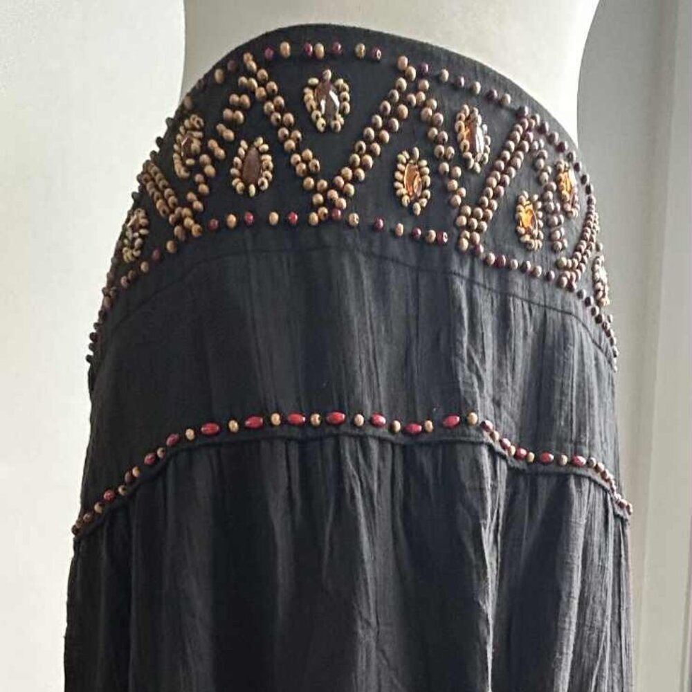Lulumari Boho Wood & Gem Beaded Black Cotton Tiered and Lined Maxi Skirt - US L
